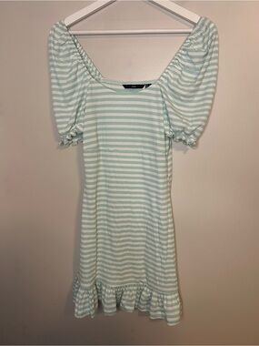 Vero Moda Seafoam Green and White Stripe Square Neck Puff Sleeve Mini Dress